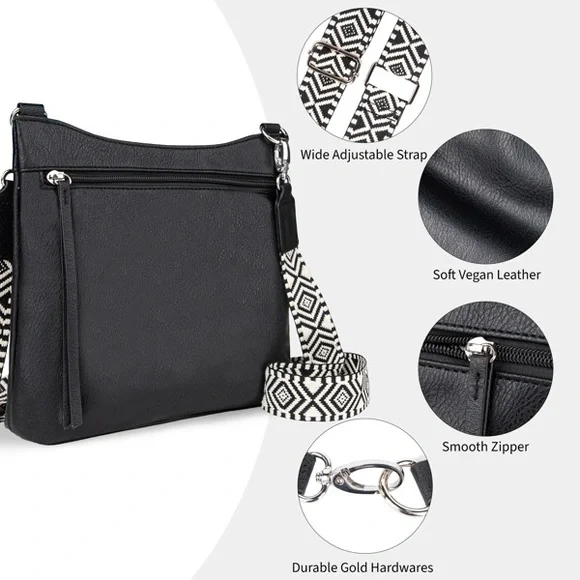 Women’s Black Crossbody Bag with Patterned Strap - Picture 3 of 6